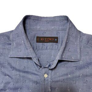 ETRO Men's Blue Micro Paisley Button Front Long Sleeve Shirt, Size 42 (Large)